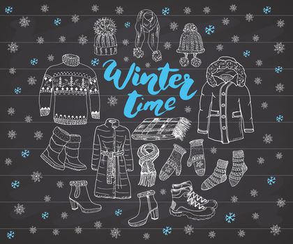 Winter season set doodle elements. Hand drawn sketch colection with boots, clothes, warm blanket, socks, gloves and hats. Lettering winter time. vector illustration on chalkboard