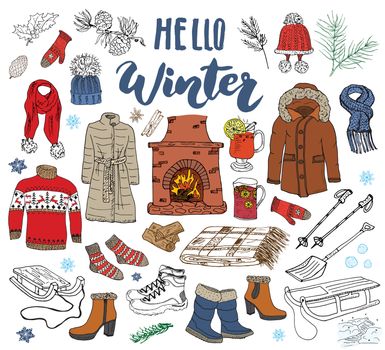 Winter season set doodle elements. Hand drawn sketch colection with fireplace, glass of hot wine, boots, clothes, warm blanket, socks, gloves and hats. Lettering hello winter. vector illustration