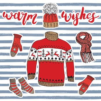 Winter season set doodle elements. Hand drawn sketch colection with warm clothes, socks, gloves, sweater and hat. Lettering warm wishes. Vector illustration