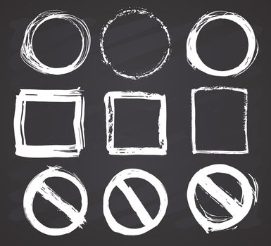 Round Frames and text boxes, grunge textured hand drawn elements set, vector illustration on chalkboard background.