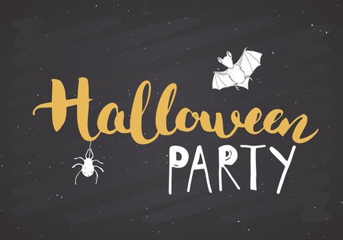 Halloween greeting card. Lettering calligraphy sign and hand drawn elements, party invitation or holiday banner design vector illustration on chalkboard background.