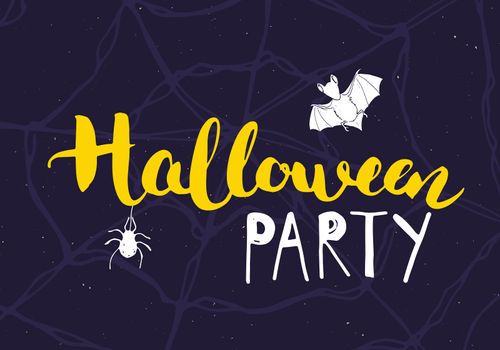 Halloween greeting card. Lettering calligraphy sign and hand drawn elements, party invitation or holiday banner design vector illustration.