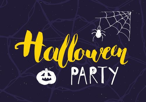 Halloween greeting card. Lettering calligraphy sign and hand drawn elements, party invitation or holiday banner design vector illustration.