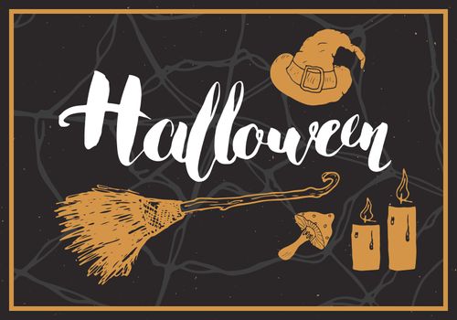 Halloween greeting card. Lettering calligraphy sign and hand drawn elements, party invitation or holiday banner design vector illustration.