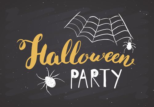 Halloween greeting card. Lettering calligraphy sign and hand drawn elements, party invitation or holiday banner design vector illustration on chalkboard background.