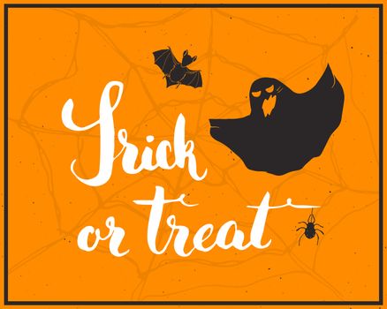 Halloween greeting card. Lettering calligraphy sign and hand drawn elements, party invitation or holiday banner design vector illustration.