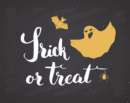 Halloween greeting card. Lettering calligraphy sign and hand drawn elements, party invitation or holiday banner design vector illustration.