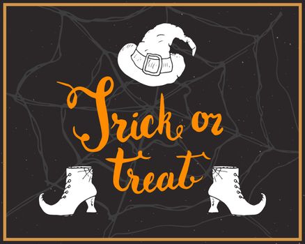 Halloween greeting card. Lettering calligraphy sign and hand drawn elements, party invitation or holiday banner design vector illustration.