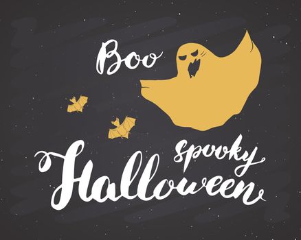Halloween greeting card. Lettering calligraphy sign and hand drawn elements, party invitation or holiday banner design vector illustration on chalkboard background.