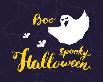 Halloween greeting card. Lettering calligraphy sign and hand drawn elements, party invitation or holiday banner design vector illustration.