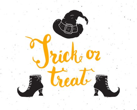 Halloween greeting card. Lettering calligraphy sign and hand drawn elements, party invitation or holiday banner design vector illustration.