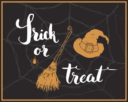 Halloween greeting card. Lettering calligraphy sign and hand drawn elements, party invitation or holiday banner design vector illustration.