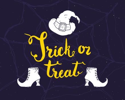 Halloween greeting card. Lettering calligraphy sign and hand drawn elements, party invitation or holiday banner design vector illustration.