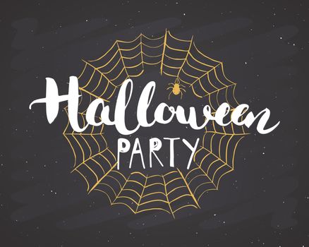 Halloween greeting card. Lettering calligraphy sign and hand drawn elements, party invitation or holiday banner design vector illustration on chalkboard background.