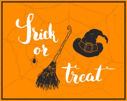 Halloween greeting card. Lettering calligraphy sign and hand drawn elements, party invitation or holiday banner design vector illustration.