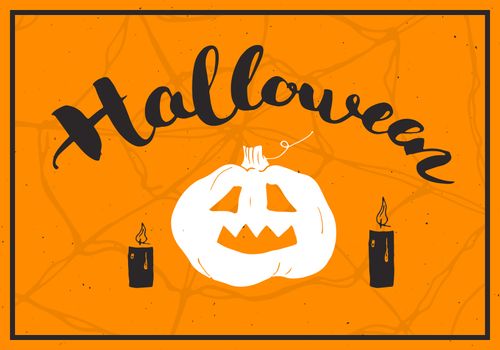 Halloween greeting card. Lettering calligraphy sign and hand drawn elements, party invitation or holiday banner design vector illustration.