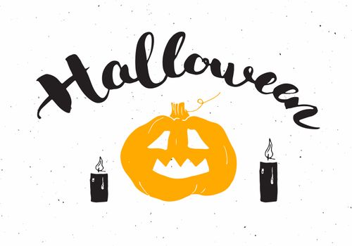 Halloween greeting card. Lettering calligraphy sign and hand drawn elements, party invitation or holiday banner design vector illustration.