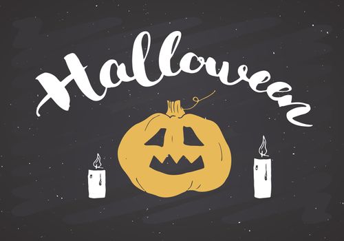 Halloween greeting card. Lettering calligraphy sign and hand drawn elements, party invitation or holiday banner design vector illustration on chalkboard background.