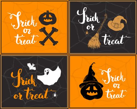 Halloween greeting cards set. Lettering calligraphy sign and hand drawn elements, party invitation or holiday banner design vector illustration.