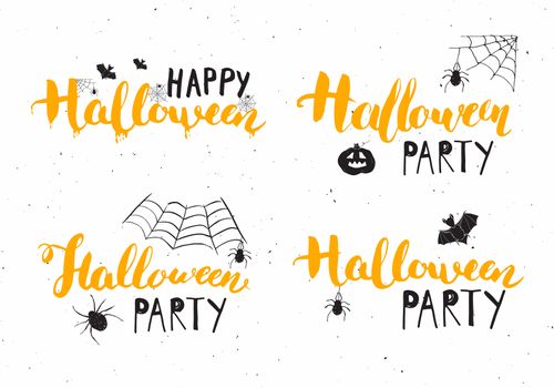 Halloween greeting cards set. Lettering calligraphy sign and hand drawn elements, party invitation or holiday banner design vector illustration.