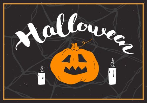 Halloween greeting card. Lettering calligraphy sign and hand drawn elements, party invitation or holiday banner design vector illustration.