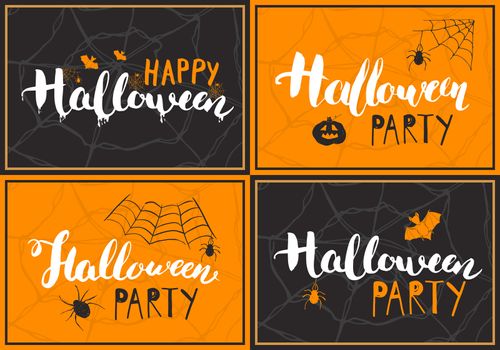 Halloween greeting cards set. Lettering calligraphy sign and hand drawn elements, party invitation or holiday banner design vector illustration.