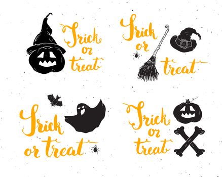 Halloween greeting cards set. Lettering calligraphy sign and hand drawn elements, party invitation or holiday banner design vector illustration.