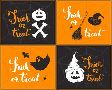 Halloween greeting cards set. Lettering calligraphy sign and hand drawn elements, party invitation or holiday banner design vector illustration.