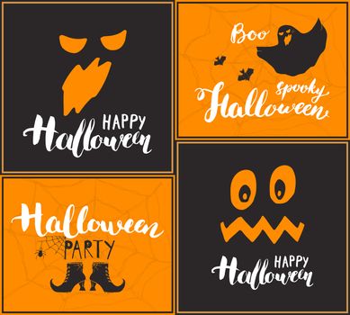 Halloween greeting cards set. Lettering calligraphy sign and hand drawn elements, party invitation or holiday banner design vector illustration.