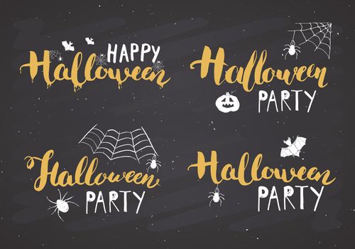 Halloween greeting cards set. Lettering calligraphy sign and hand drawn elements, party invitation or holiday banner design vector illustration on chalkboard background.