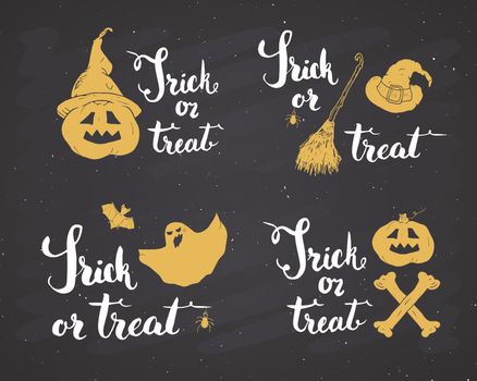 Halloween greeting cards set. Lettering calligraphy sign and hand drawn elements, party invitation or holiday banner design vector illustration on chalkboard background.