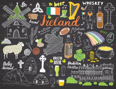 Ireland Sketch Doodles. Hand Drawn Irish Elements Set with flag and map of Ireland, Celtic Cross, Castle, Shamrock, Celtic Harp, Mill and Sheep, Whiskey Bottles and Irish Beer, Vector on chalkboard.