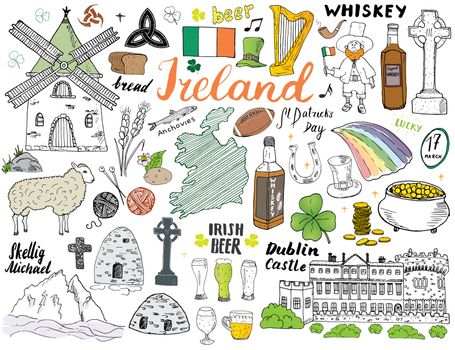 Ireland Sketch Doodles. Hand Drawn Irish Elements Set with flag and map of Ireland, Celtic Cross, Castle, Shamrock, Celtic Harp, Mill and Sheep, Whiskey Bottles and Irish Beer, Vector Illustration.