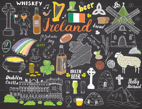 Ireland Sketch Doodles. Hand Drawn Irish Elements Set with flag and map of Ireland, Celtic Cross, Castle, Shamrock, Celtic Harp, Mill and Sheep, Whiskey Bottles and Irish Beer, Vector on chalkboard.