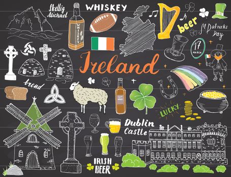 Ireland Sketch Doodles. Hand Drawn Irish Elements Set with flag and map of Ireland, Celtic Cross, Castle, Shamrock, Celtic Harp, Mill and Sheep, Whiskey Bottles and Irish Beer, Vector on chalkboard.