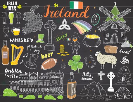 Ireland Sketch Doodles. Hand Drawn Irish Elements Set with flag and map of Ireland, Celtic Cross, Castle, Shamrock, Celtic Harp, Mill and Sheep, Whiskey Bottles and Irish Beer, Vector on chalkboard.