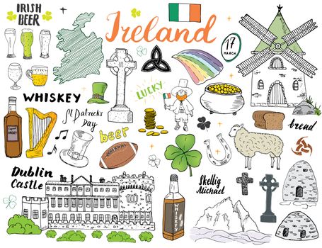 Ireland Sketch Doodles. Hand Drawn Irish Elements Set with flag and map of Ireland, Celtic Cross, Castle, Shamrock, Celtic Harp, Mill and Sheep, Whiskey Bottles and Irish Beer, Vector Illustration.