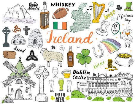 Ireland Sketch Doodles. Hand Drawn Irish Elements Set with flag and map of Ireland, Celtic Cross, Castle, Shamrock, Celtic Harp, Mill and Sheep, Whiskey Bottles and Irish Beer, Vector Illustration.