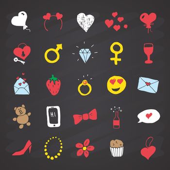 Love and valentine doodle Icons, hand drawn signs set, vector illustration on chalkboard background.