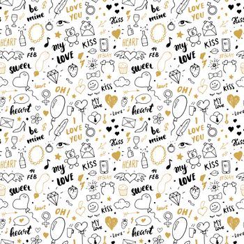 Love and Valentine Day seamless pattern vector illustration. Hand drawn sketched doodle romantic symbols background.