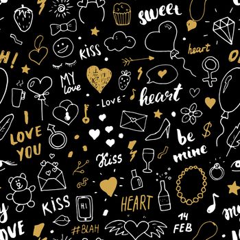 Love and Valentine Day seamless pattern vector illustration. Hand drawn sketched doodle romantic symbols background.