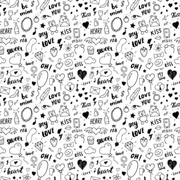 Love and Valentine Day seamless pattern vector illustration. Hand drawn sketched doodle romantic symbols background.