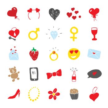 Love and valentine doodle Icons, hand drawn signs set, vector illustration.