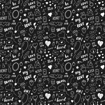 Love and Valentine Day seamless pattern vector illustration. Hand drawn sketched doodle romantic symbols background.