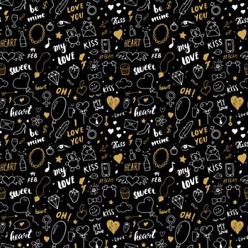 Love and Valentine Day seamless pattern vector illustration. Hand drawn sketched doodle romantic symbols background.