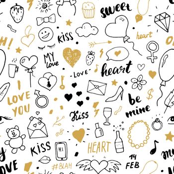 Love and Valentine Day seamless pattern vector illustration. Hand drawn sketched doodle romantic symbols background.