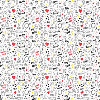 Love and Valentine Day seamless pattern vector illustration. Hand drawn sketched doodle romantic symbols background.