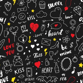 Love and Valentine Day seamless pattern vector illustration. Hand drawn sketched doodle romantic symbols background.