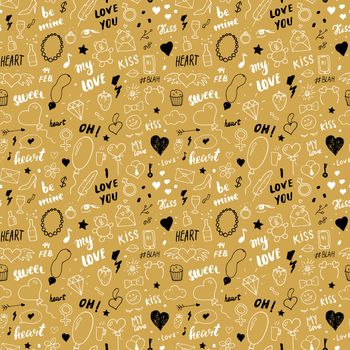 Love and Valentine Day seamless pattern vector illustration. Hand drawn sketched doodle romantic symbols background.