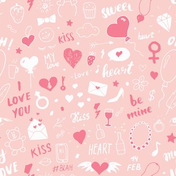 Love and Valentine Day seamless pattern vector illustration. Hand drawn sketched doodle romantic symbols background.